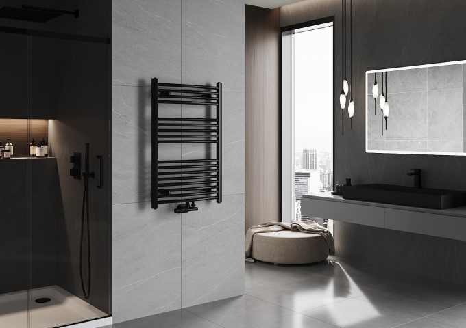 modern bathroom with navy wall