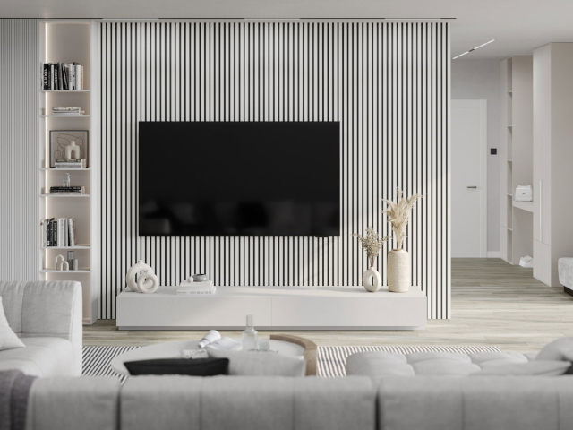 White wall slats in living room