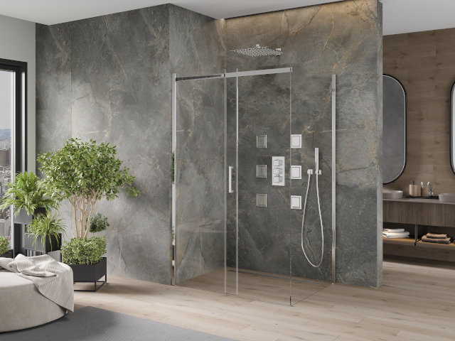 Dark marble tiles in the bathroom