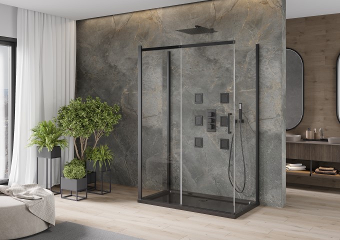 Modern shower cabin with black shower tray