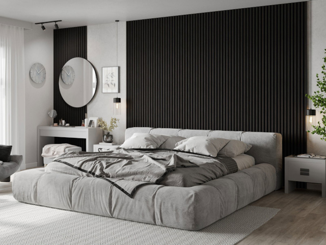 Black wall slats in the bedroom