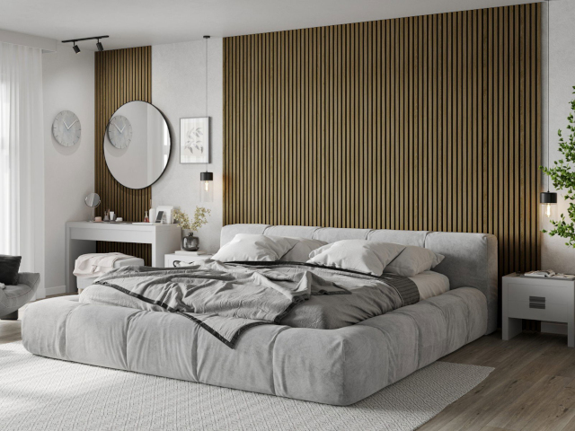 oak wall slats in the bedroom
