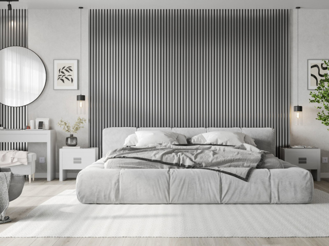 Silver wall slats in the bedroom