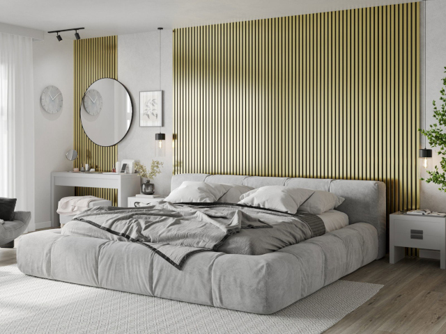 Golden wall lamellas in the bedroom