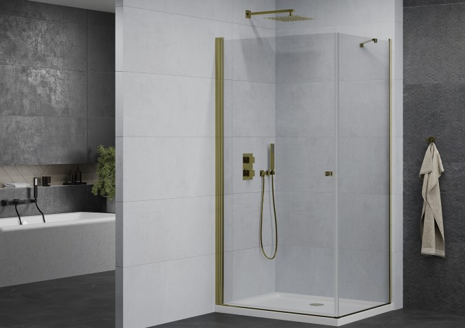 Gold shower cabin with a shower tray