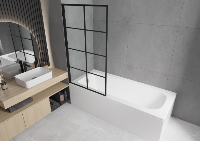 bathtub with screen in a small bathroom