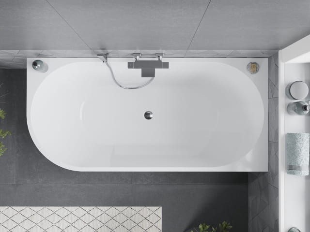 Top view of a corner freestanding bath