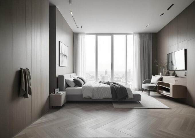 Vinyl panels in herringbone pattern in the bedroom