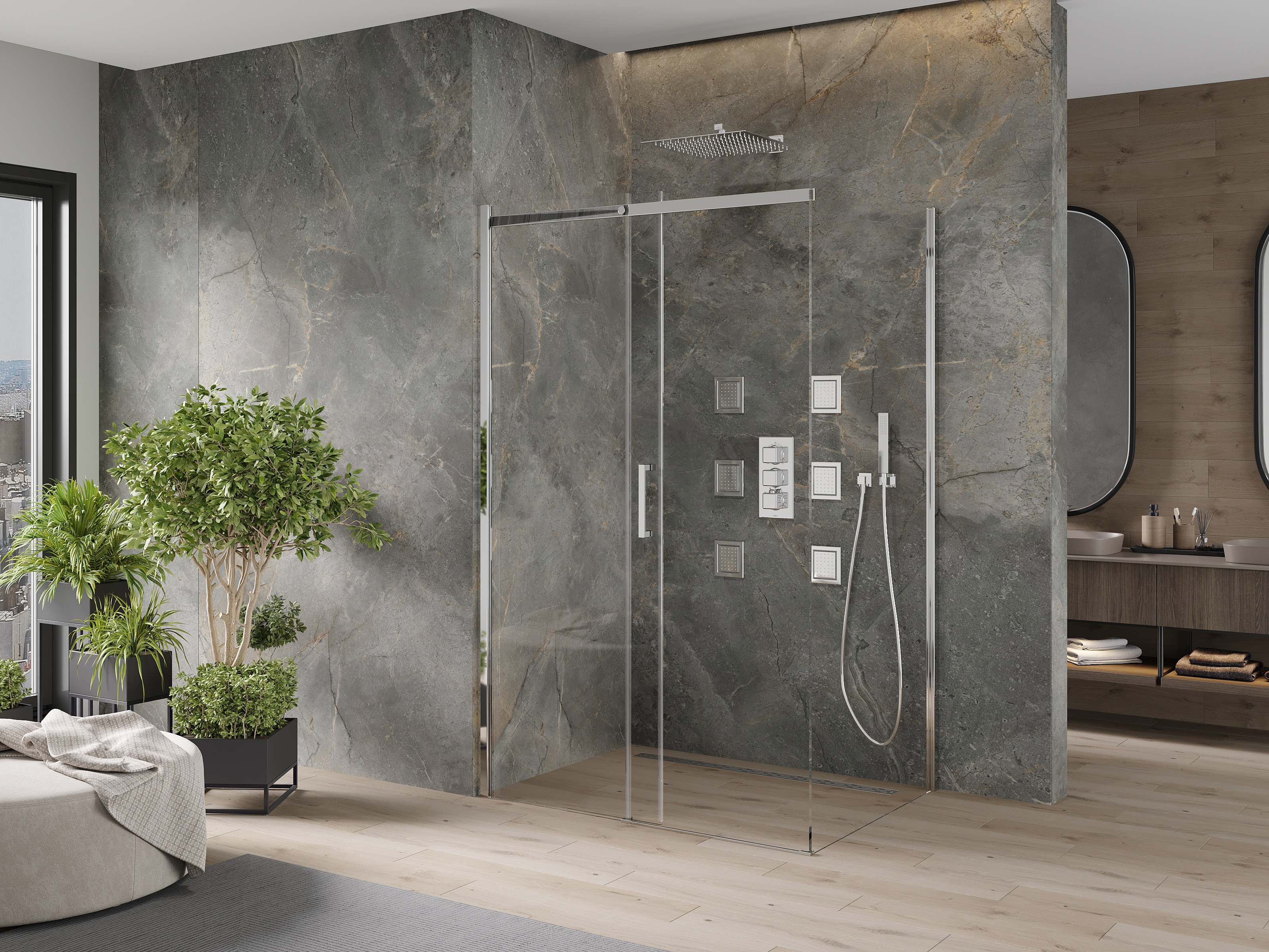 Minimalist stone shower enclosure