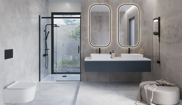 Modern bathroom with two countertop sinks