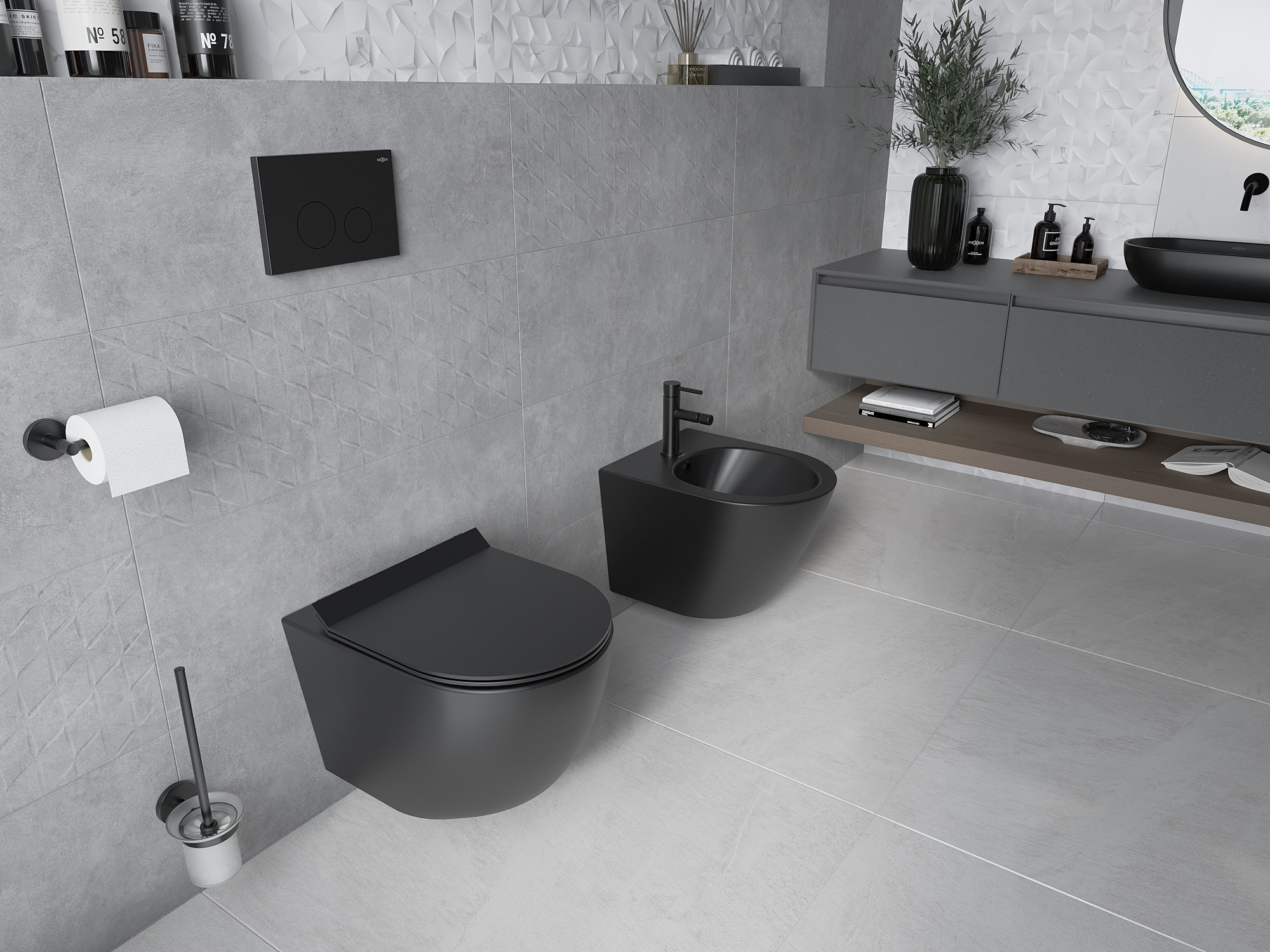 Modern grey bathroom with black additions