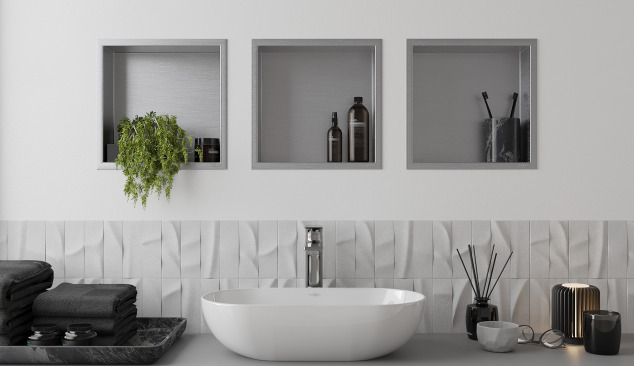 Modern arrangement of the wash basin area with built-in shelves