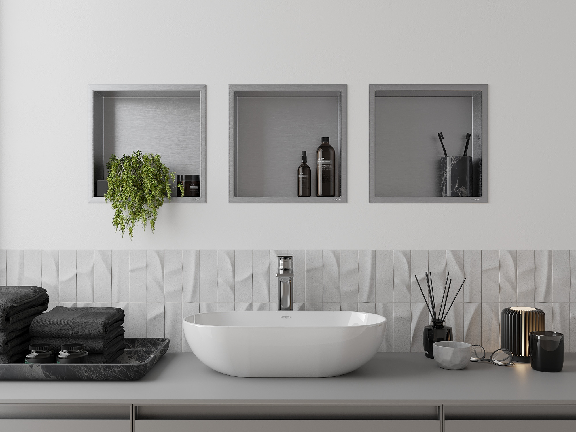 Modern arrangement of the wash basin area with built-in shelves