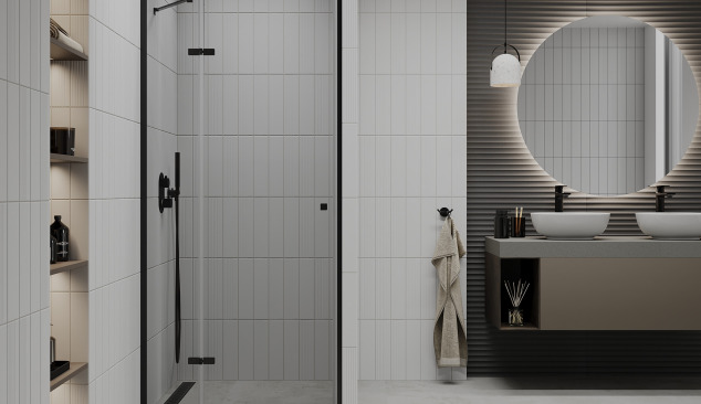 Subdued bathroom with shower doors