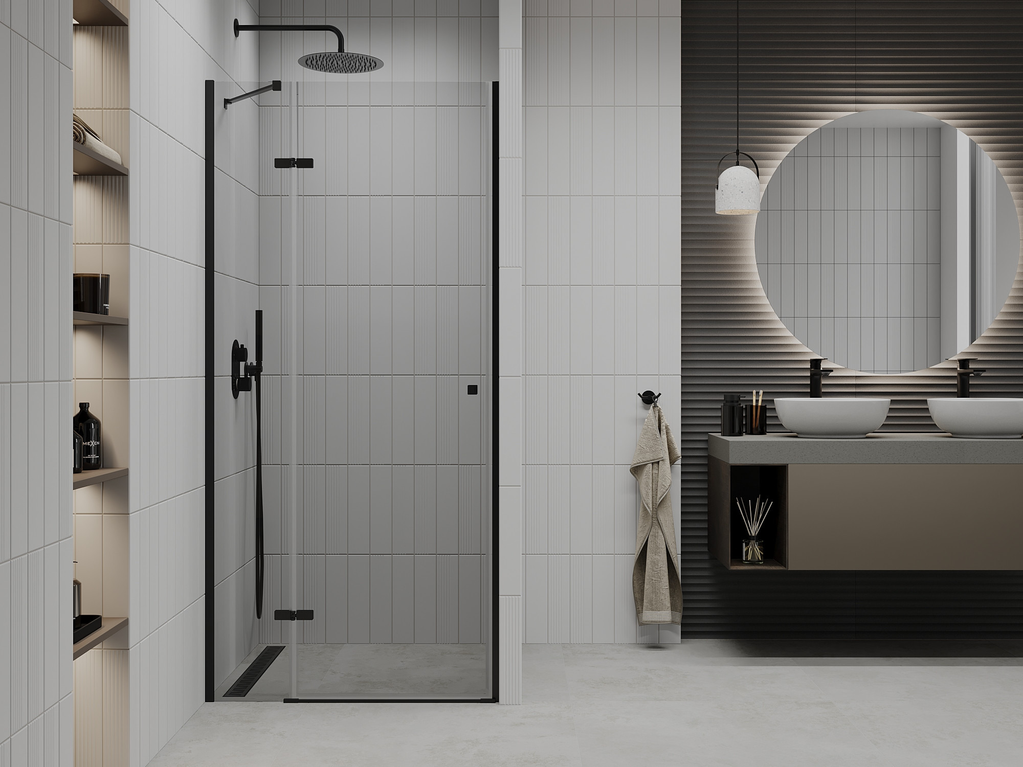 Subdued bathroom with shower doors