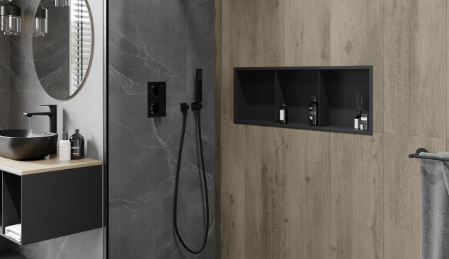 Industrial bathroom with built-in shower shelf