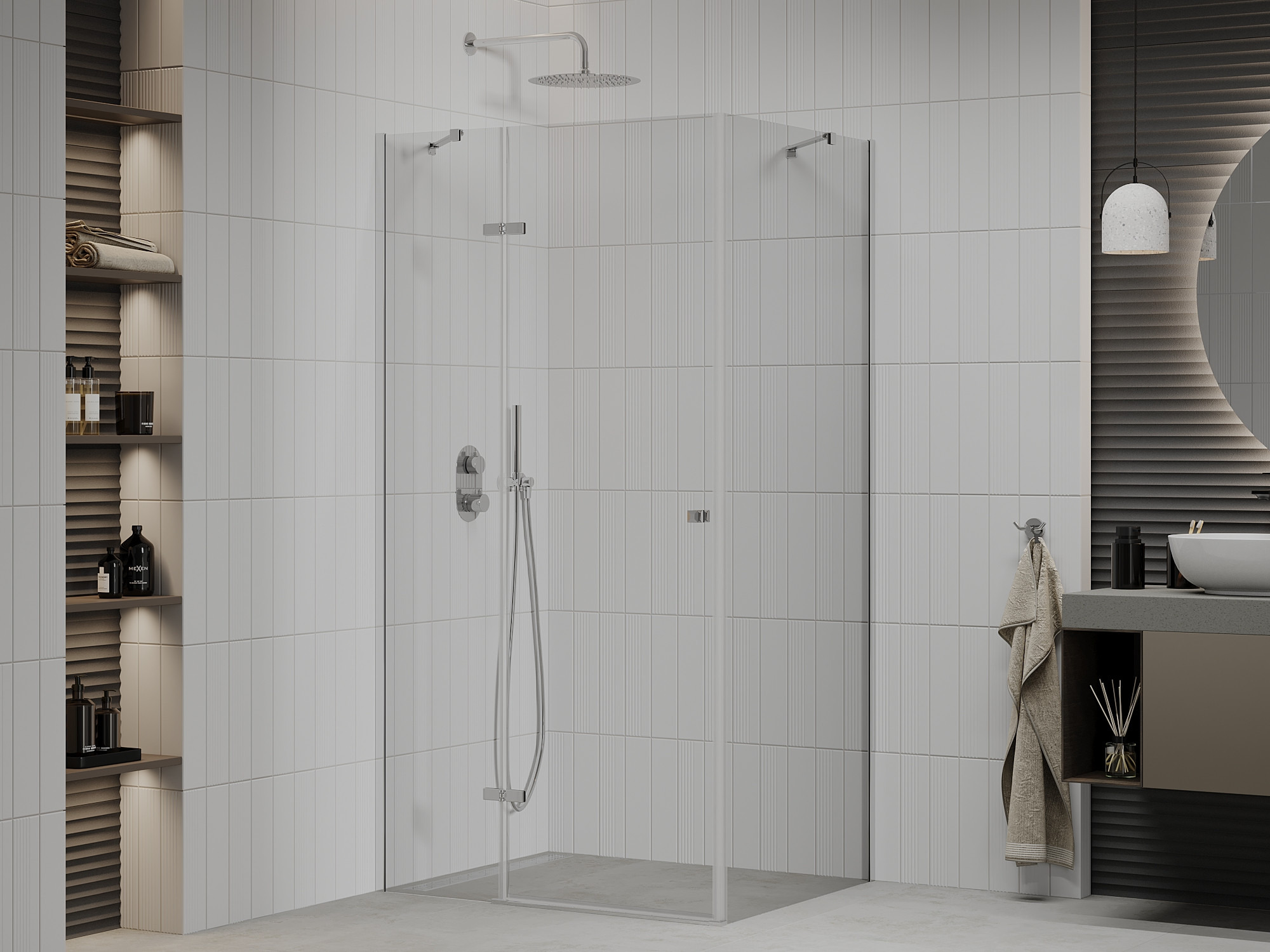 Cosy bathroom: a combination of beige walls with a shower enclosure