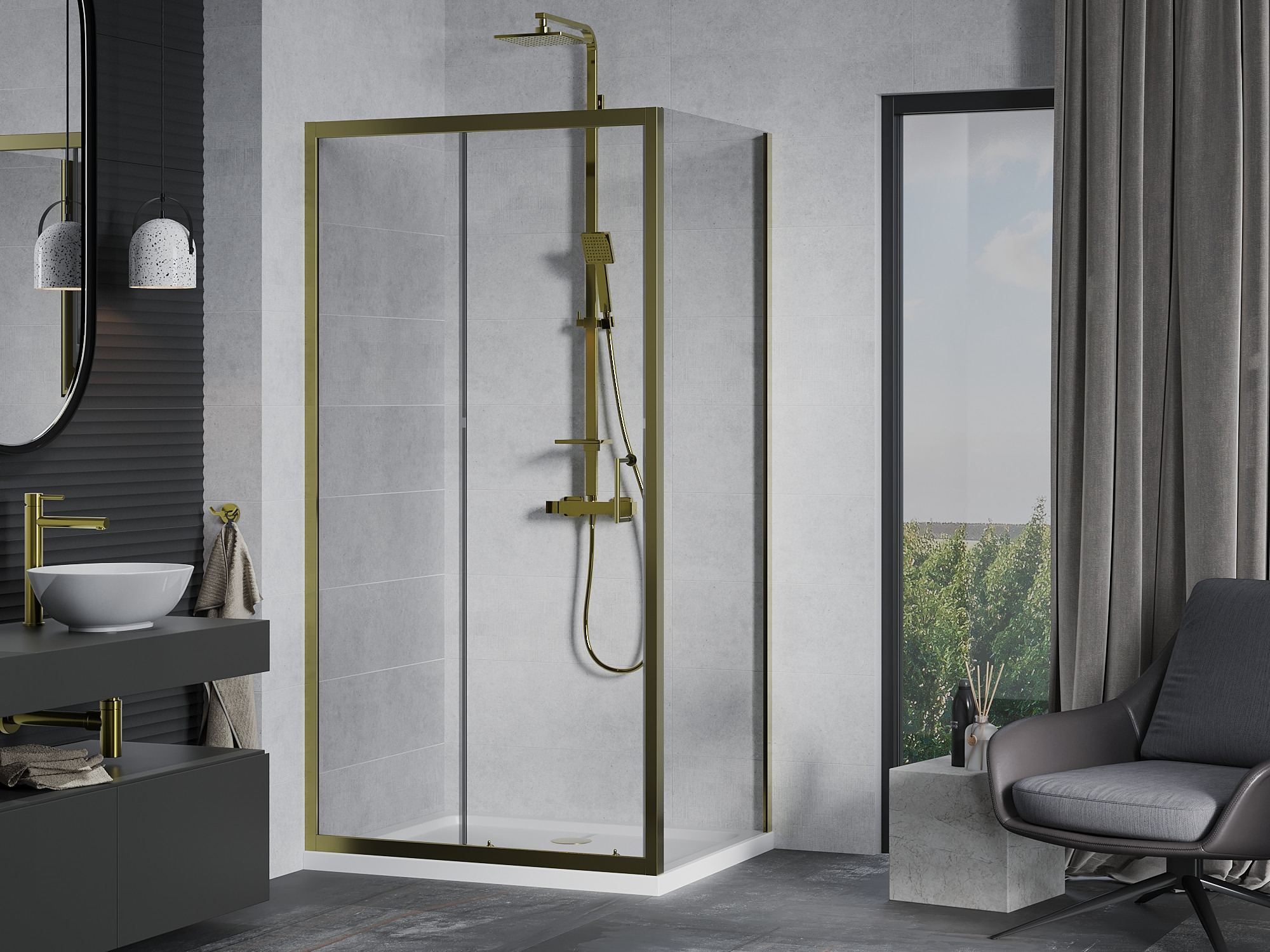 Golden fittings in a concrete bathroom