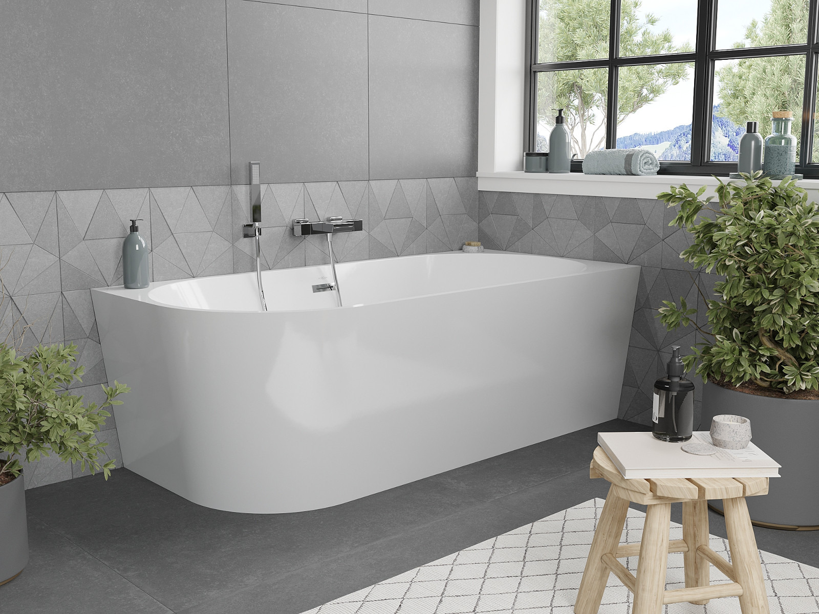 Corner freestanding bathtub in a grey bathroom inspired by nature