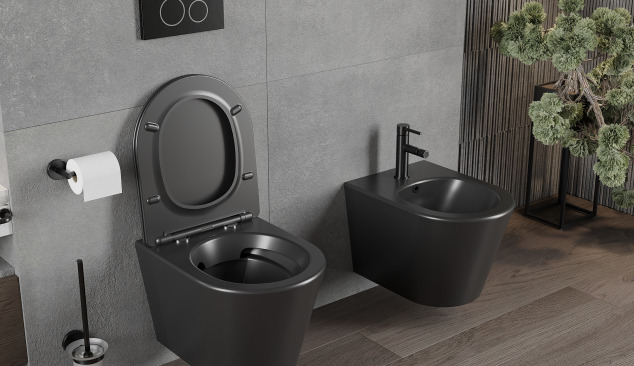 Grey and wood in a bathroom with modern fittings