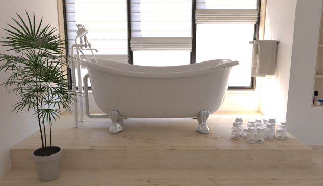 Wooden floor in a white bathroom