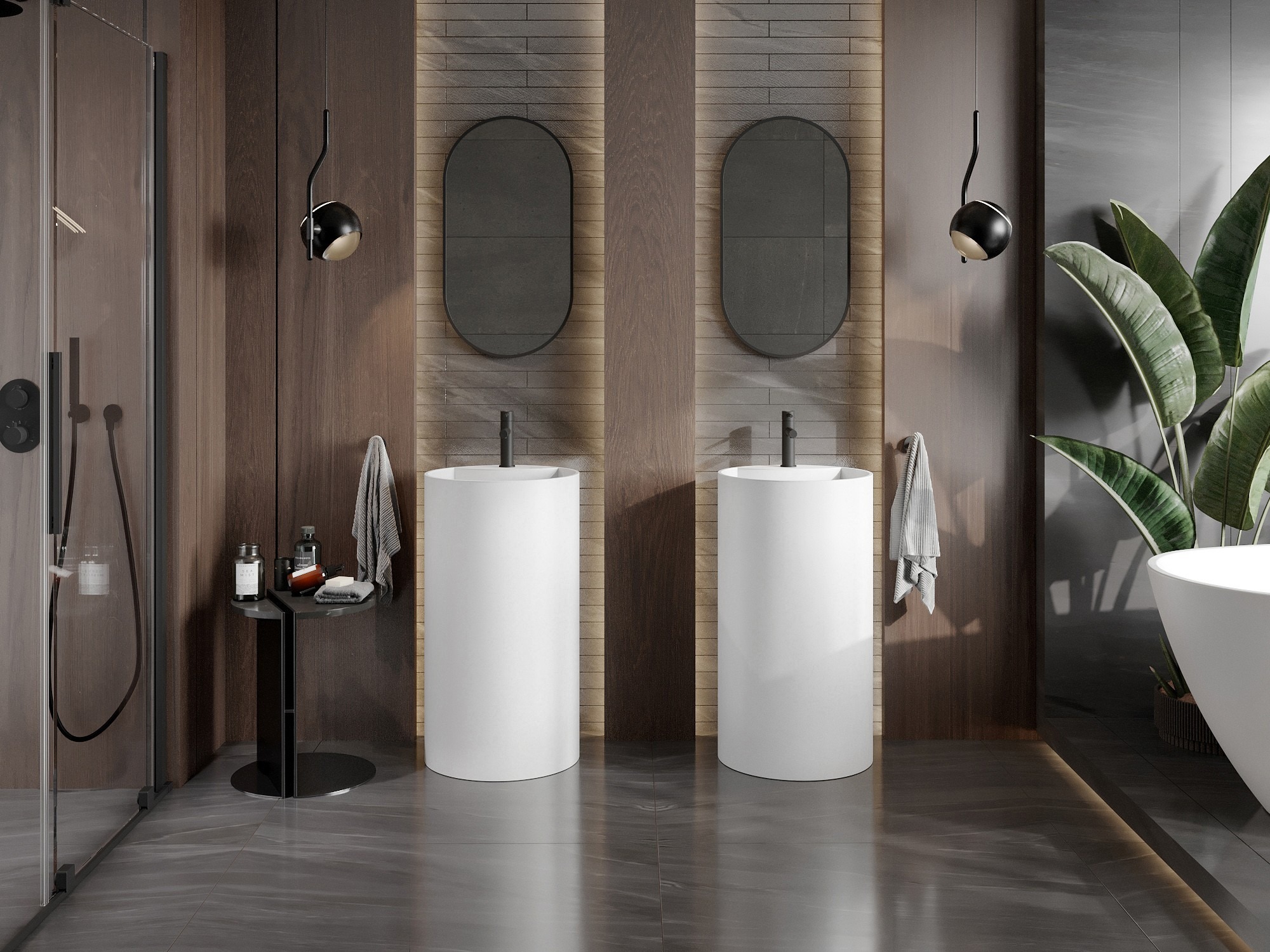 Wooden accessories in a boho-style bathroom