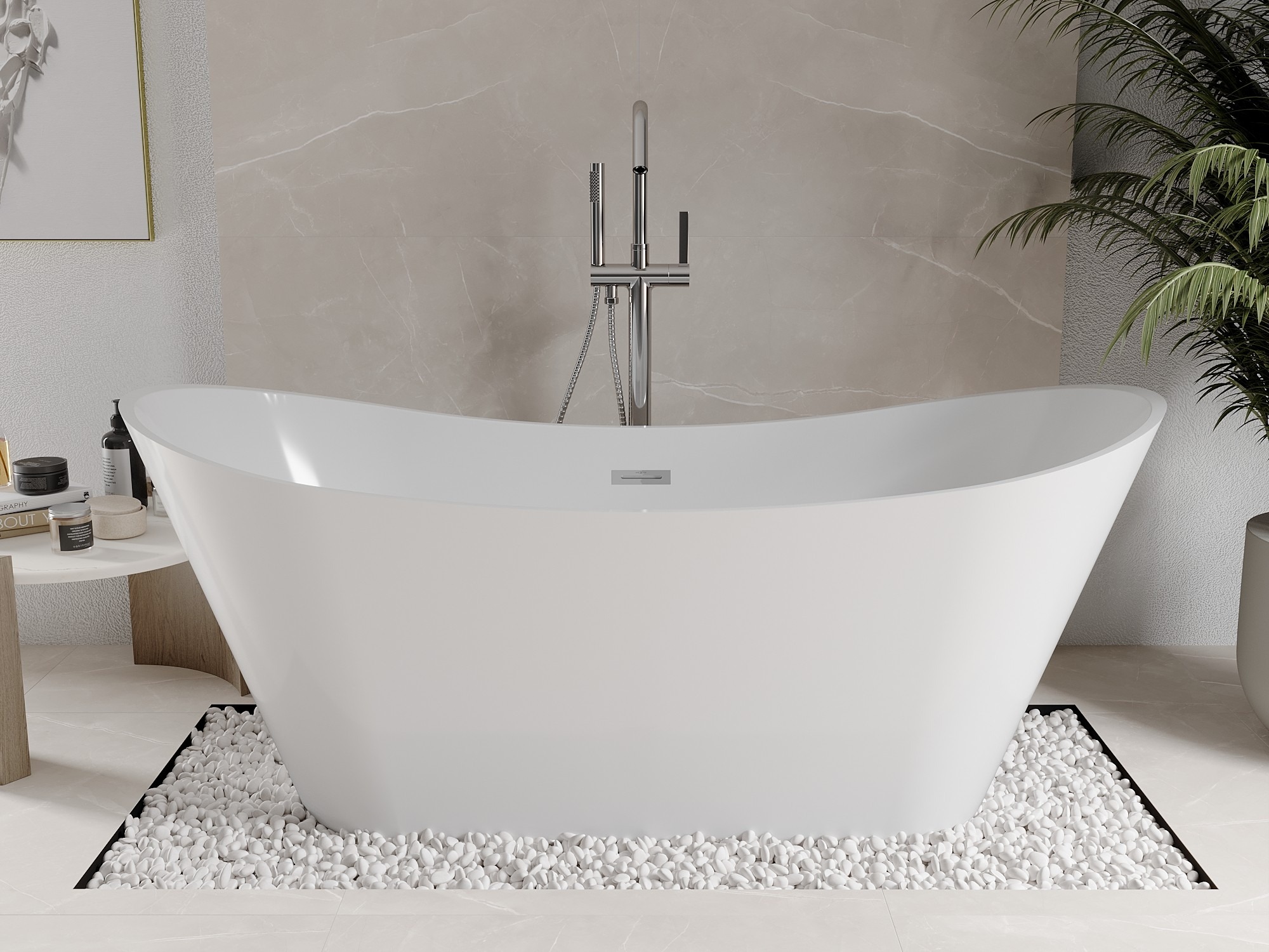 Freestanding Bath in a Beige Bathroom