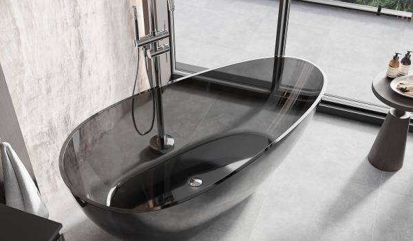Transparent resin bathtub in the bathroom