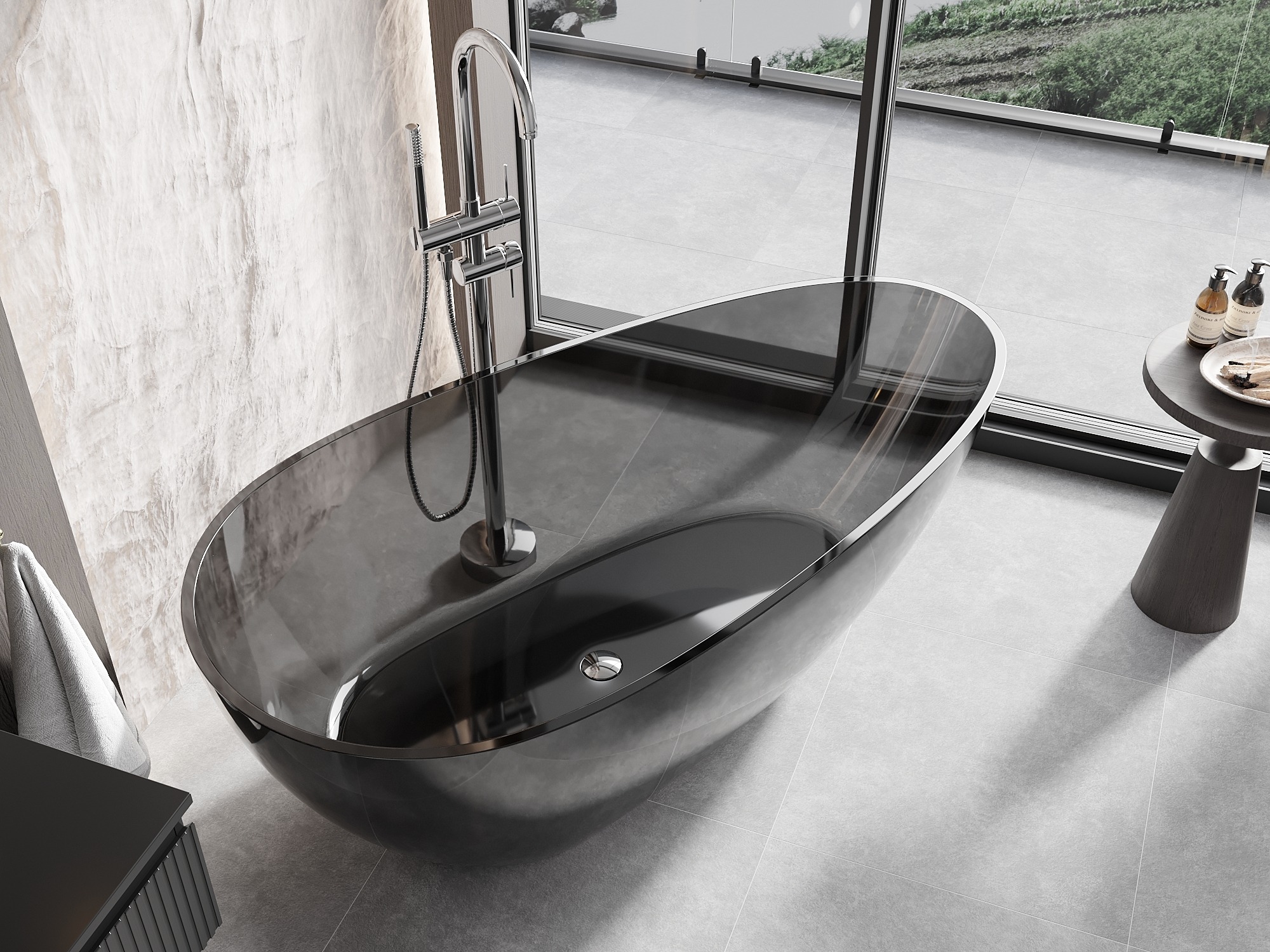 Transparent resin bathtub in the bathroom