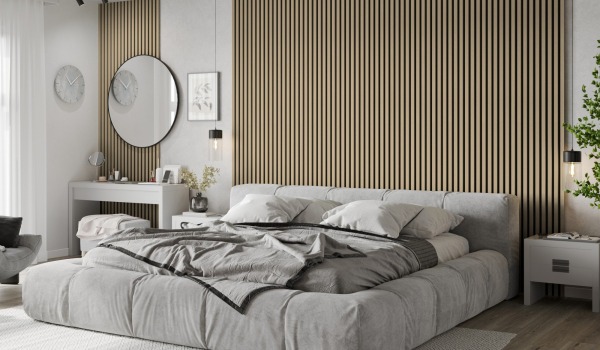 Decorative slats behind the bed - the heart of a stylish bedroom