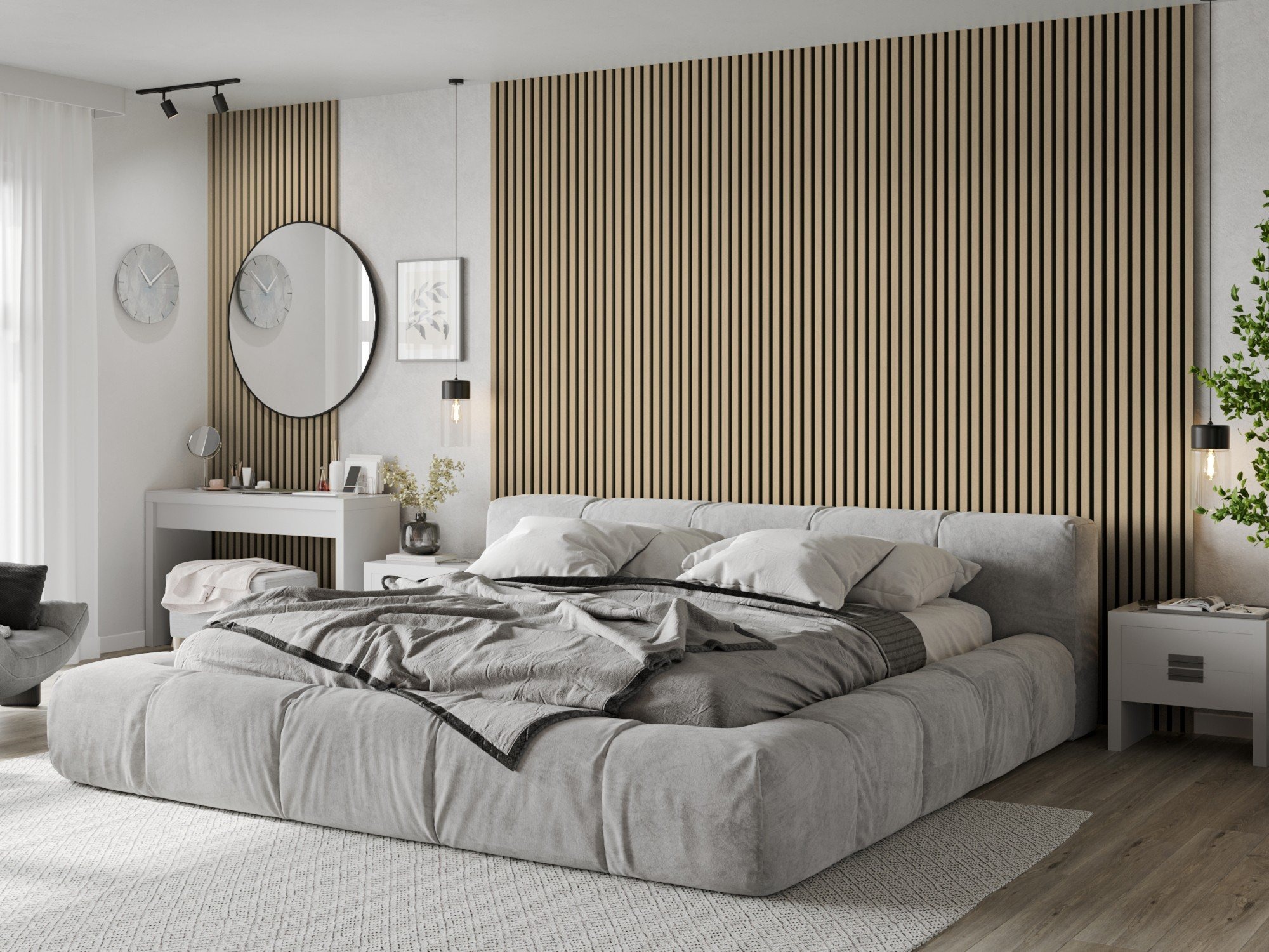Decorative slats behind the bed - the heart of a stylish bedroom