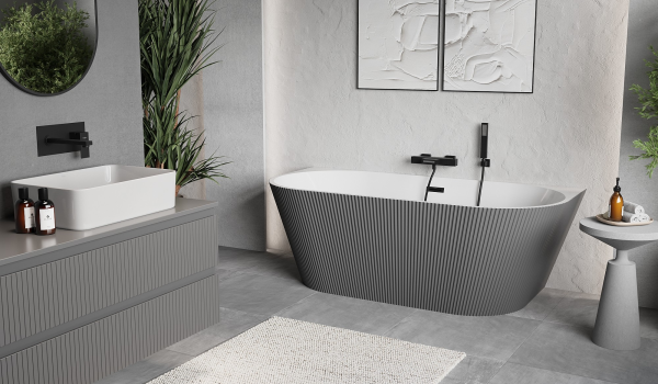 Minimalist Gray with Ribbed Freestanding Bathtub