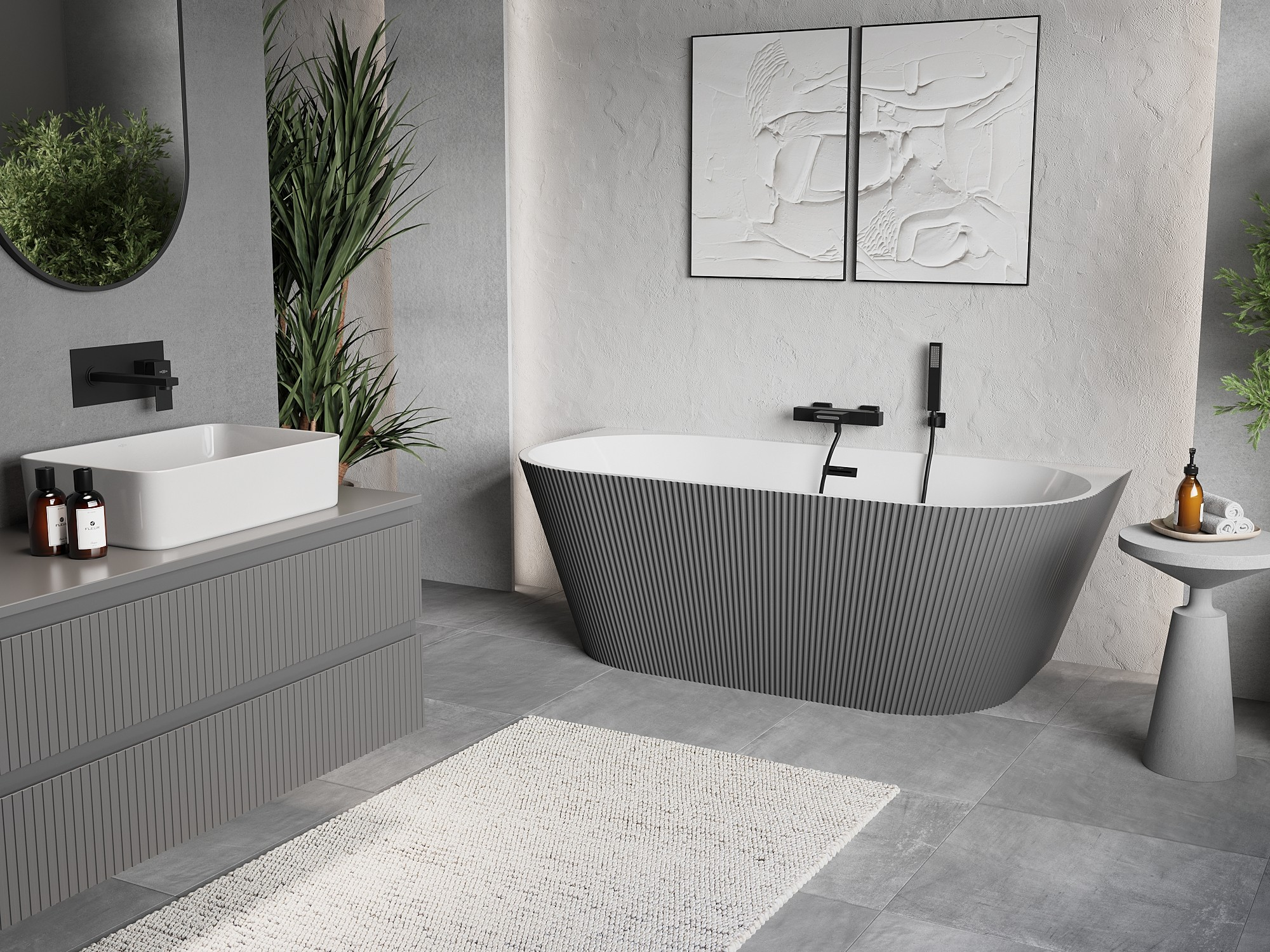 Minimalist Gray with Ribbed Freestanding Bathtub