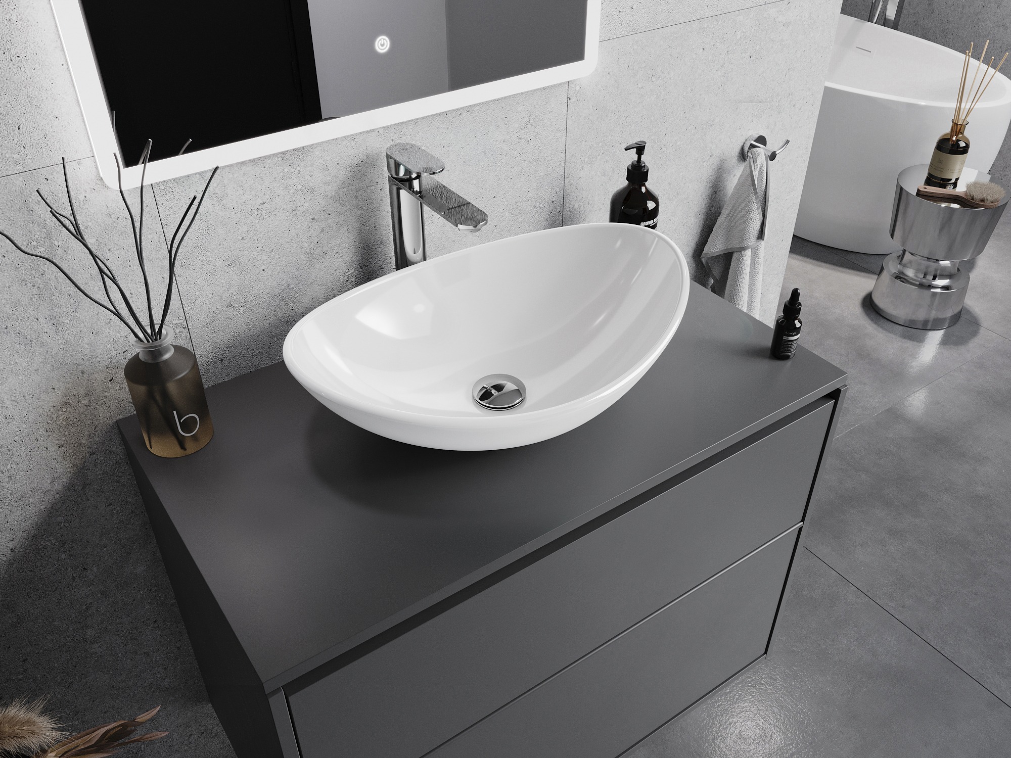 Modern gray bathroom with a white glass sink
