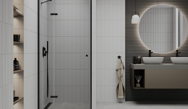 Subdued bathroom with shower doors