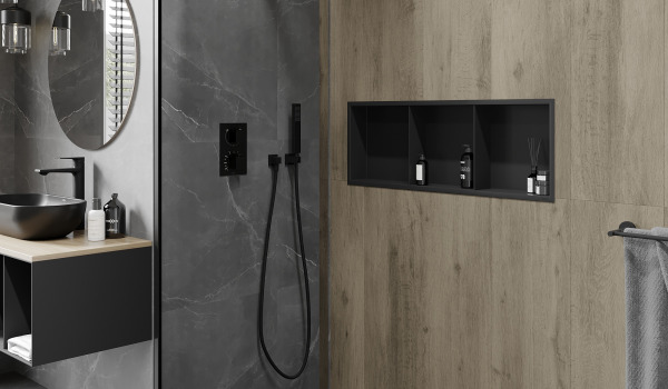 Industrial Bathroom with Built-in Shower Shelf