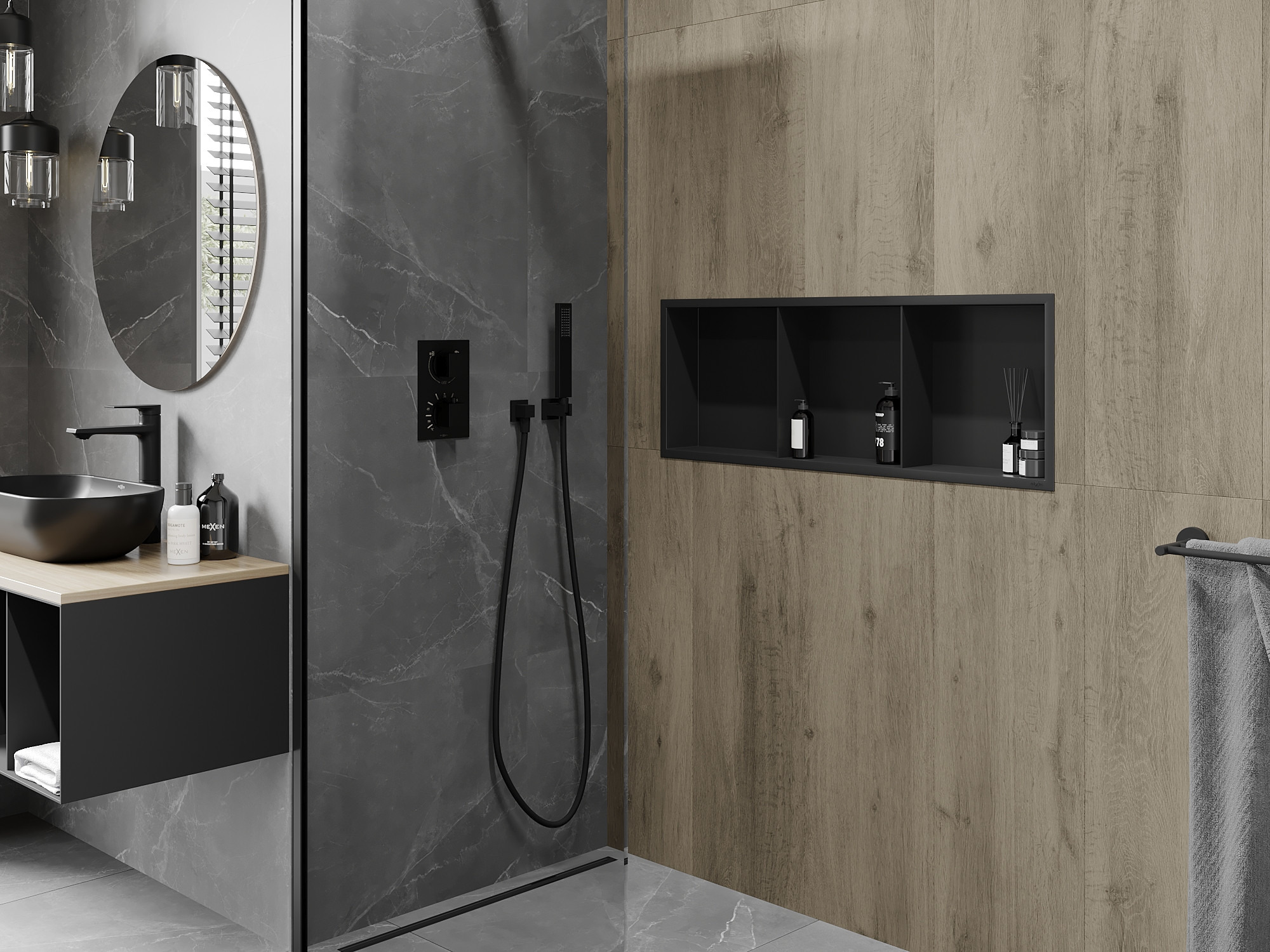 Industrial Bathroom with Built-in Shower Shelf