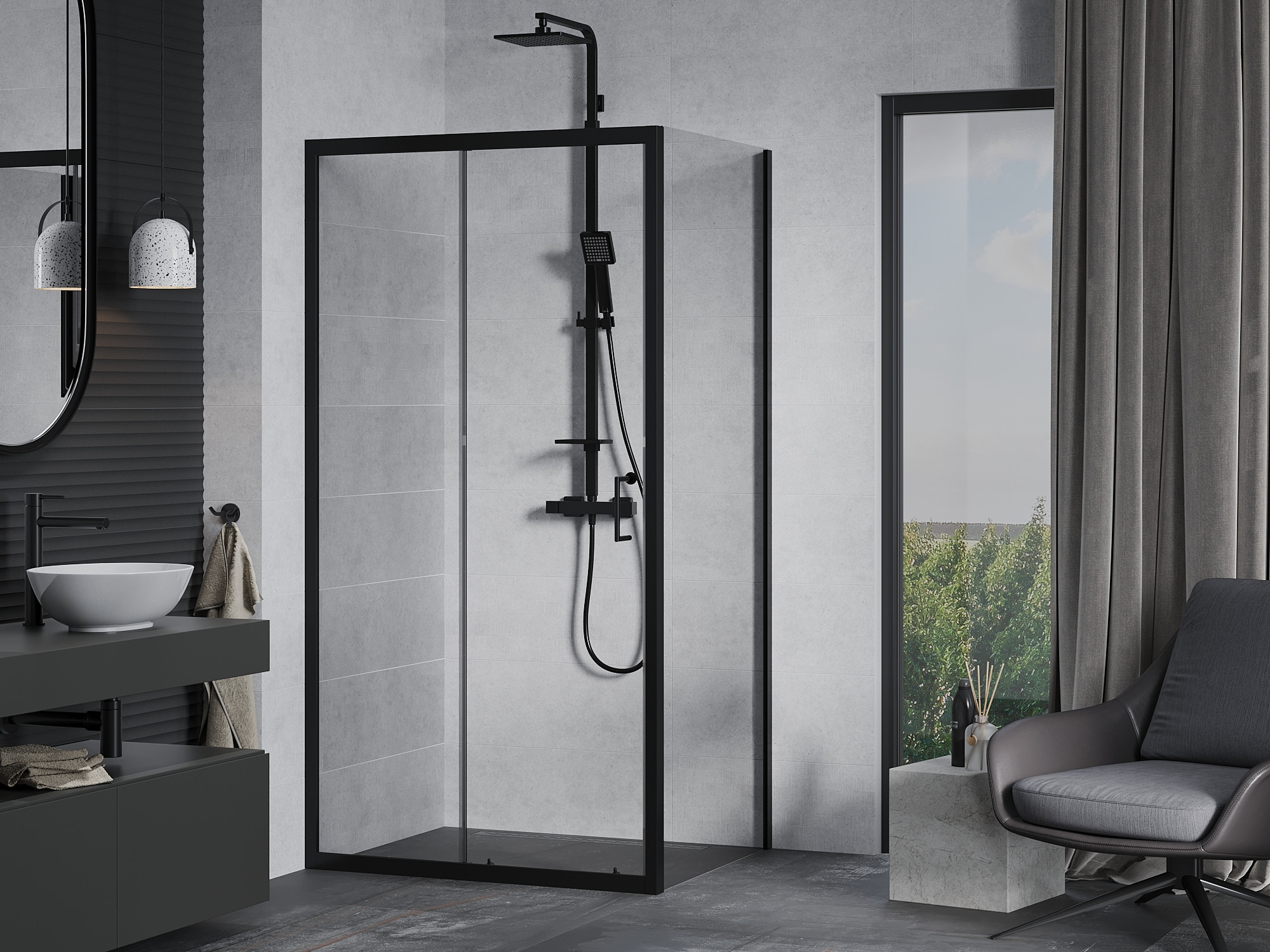 Gray interior with black shower cabin
