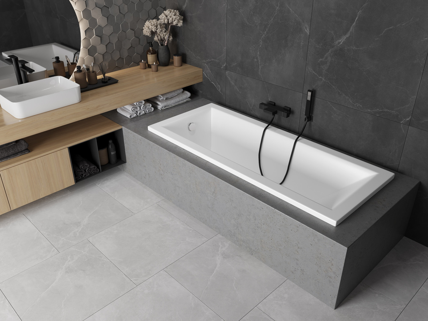 Bathroom in an industrial style with a rectangular bathtub