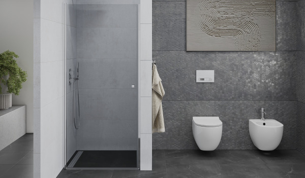 Spacious bathroom with shower doors