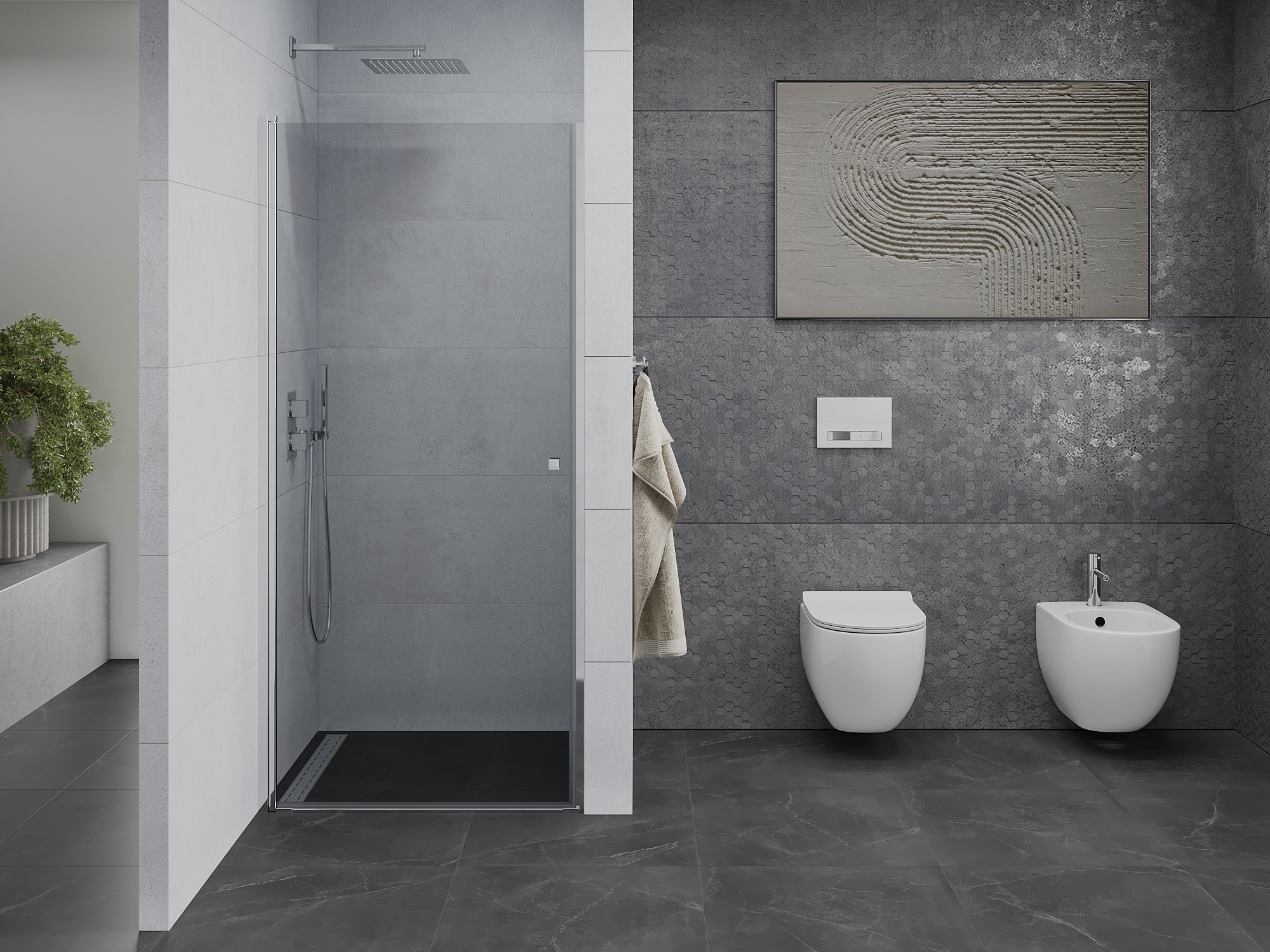 Spacious bathroom with shower doors