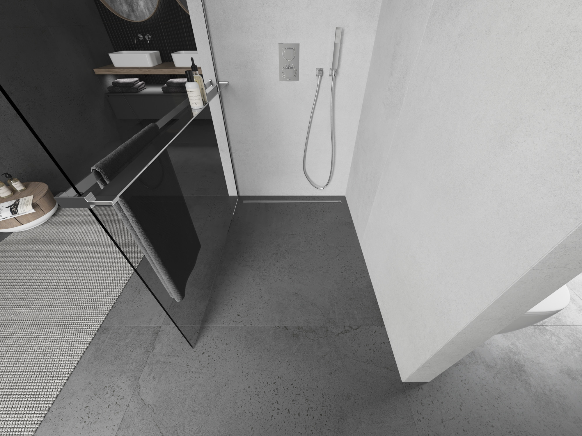 Shower wall with shelf in modern style