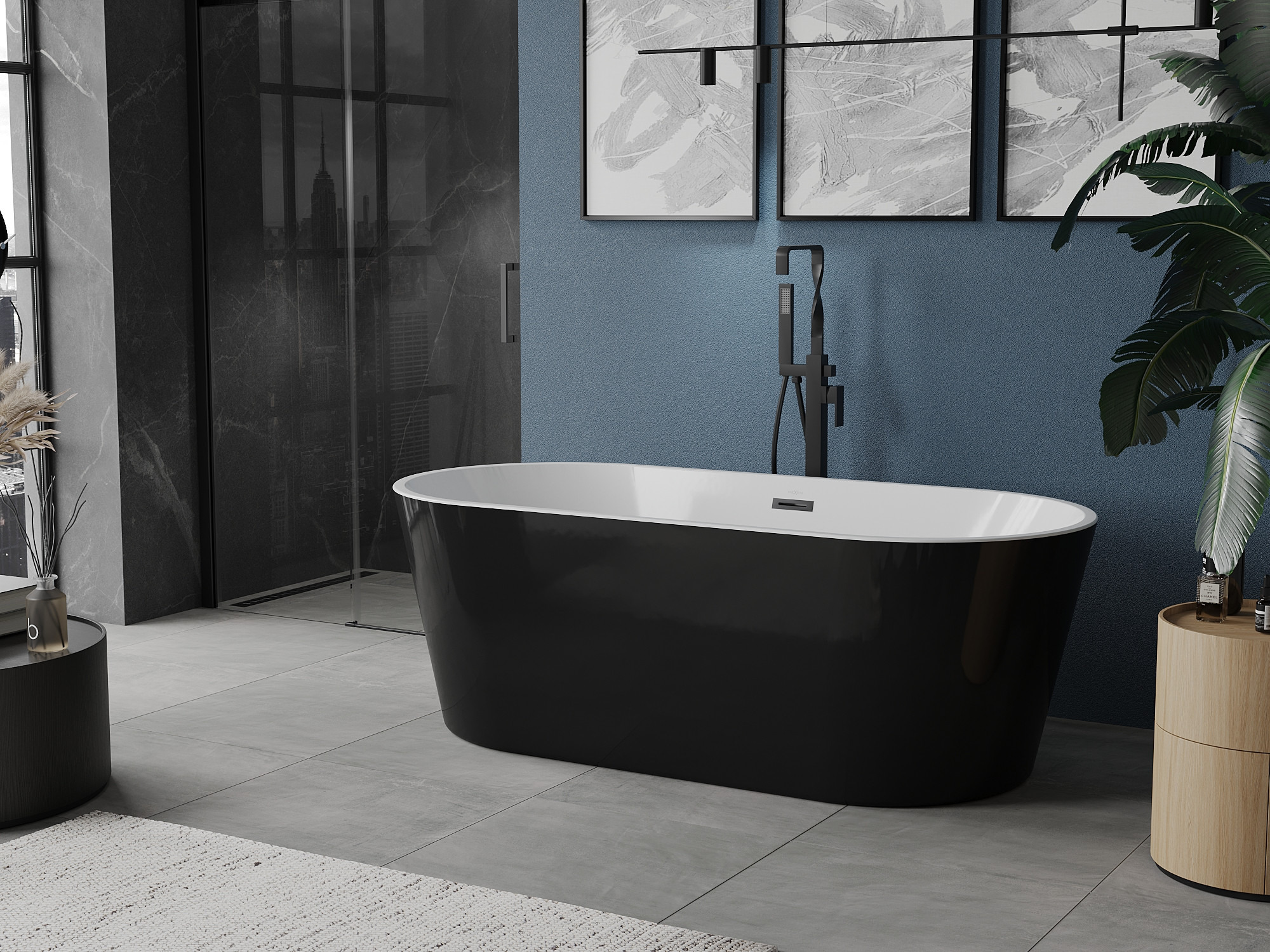 Bathroom with a navy blue wall and black accessories