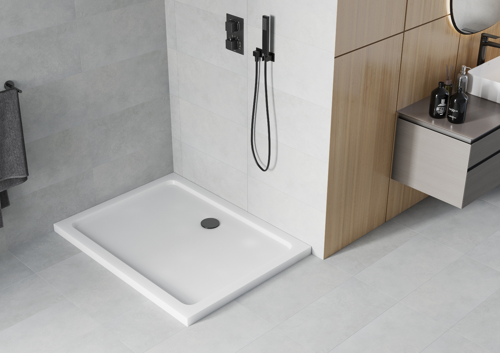 White shower tray with black accents