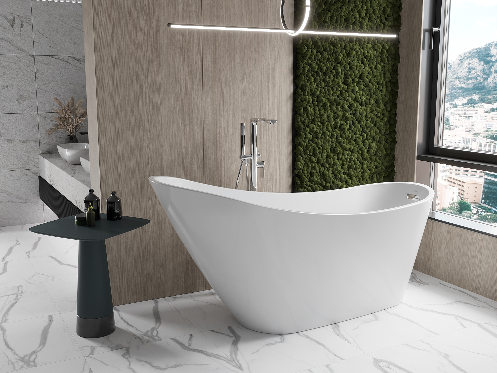 Cozy bathroom in earth colors - moss wall