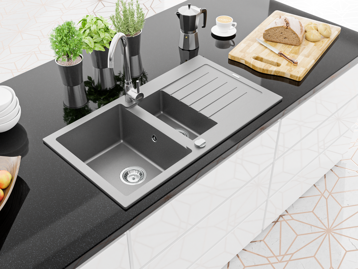 White, black, gray in a modern kitchen