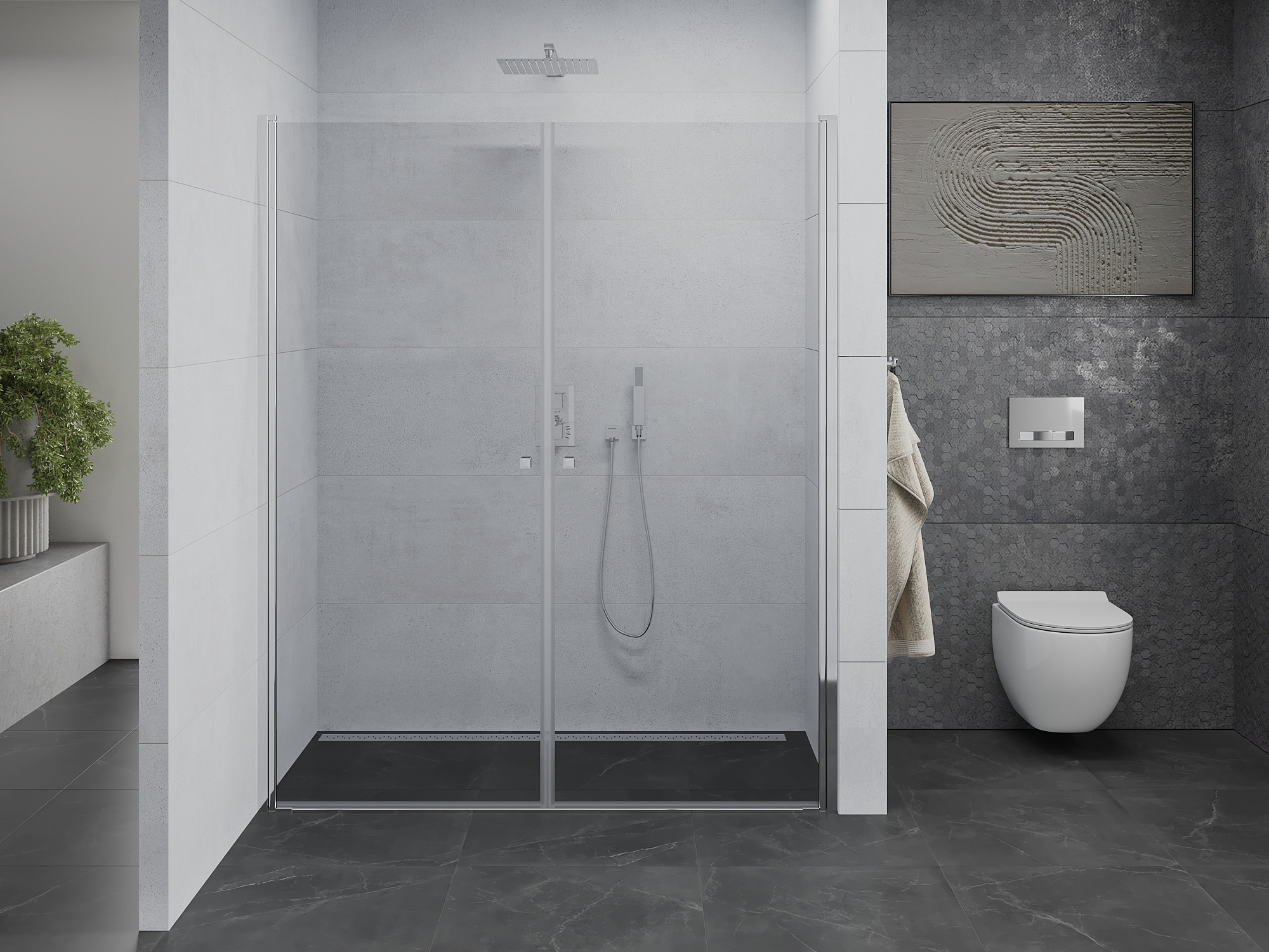 Double Shower Doors in a Minimalist Bathroom
