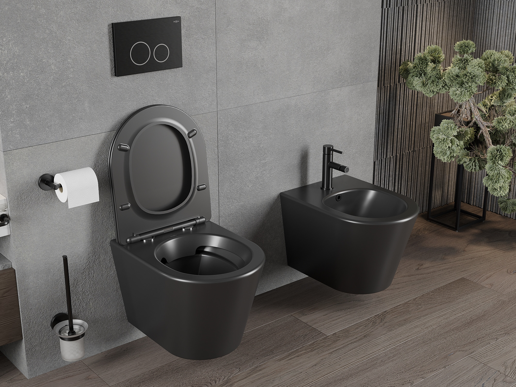Gray and wood in the bathroom with modern fixtures