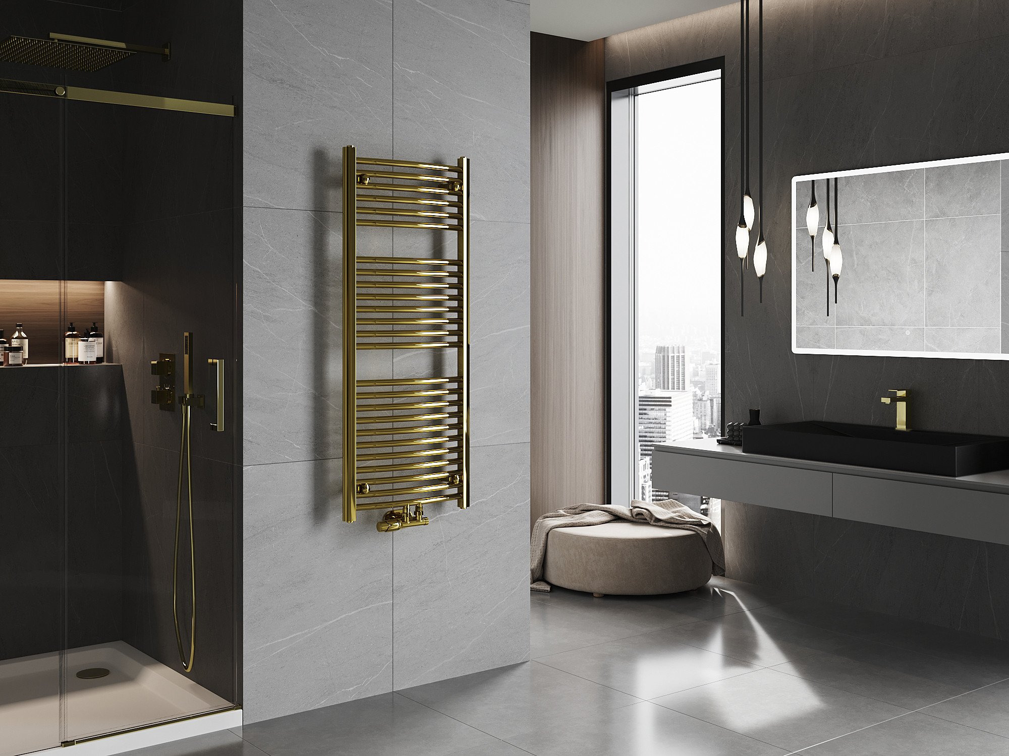 Color, style, and functionality - the golden radiator in the bathroom