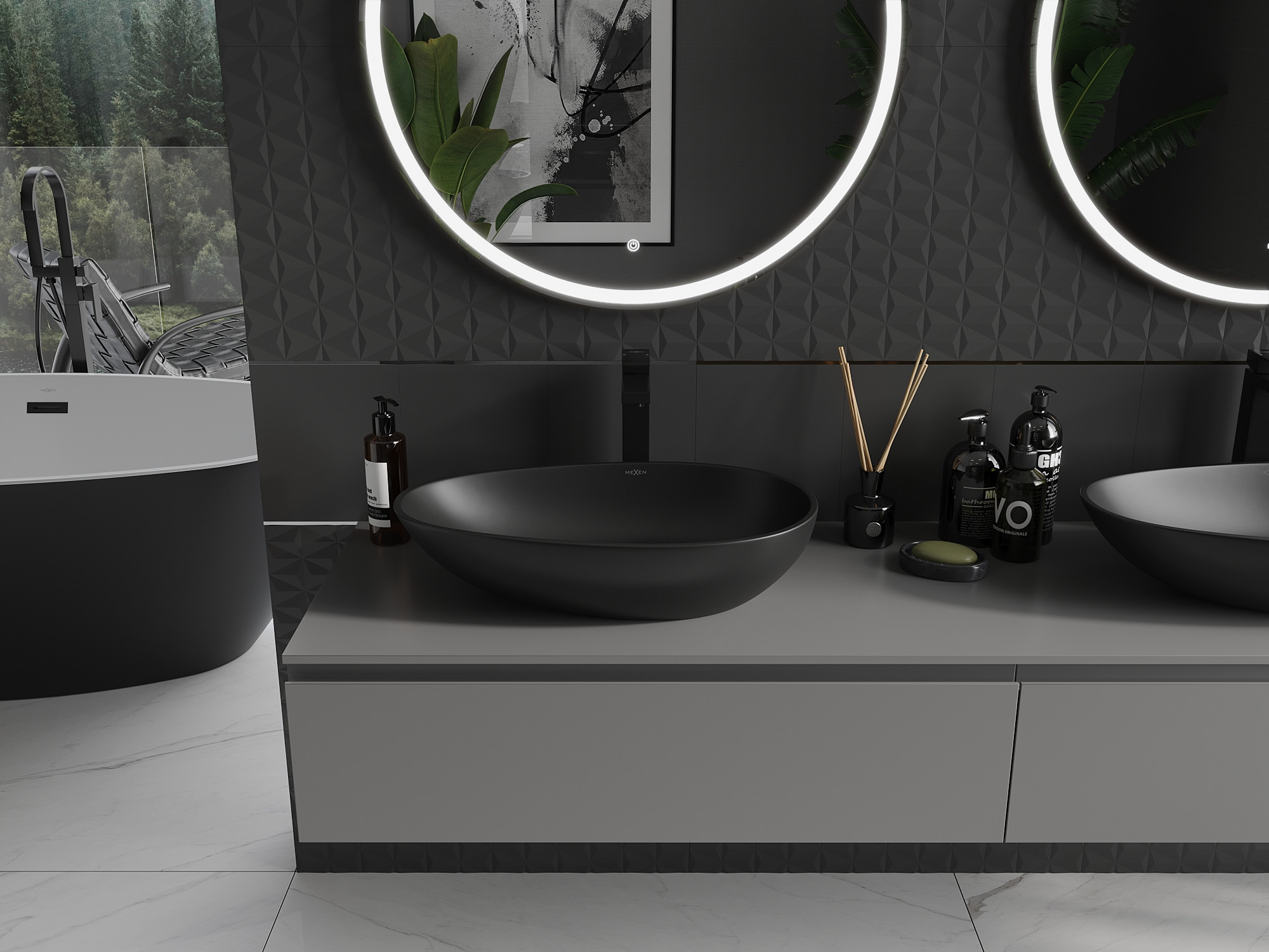 Vanities made of conglomerate in a gray-black bathroom
